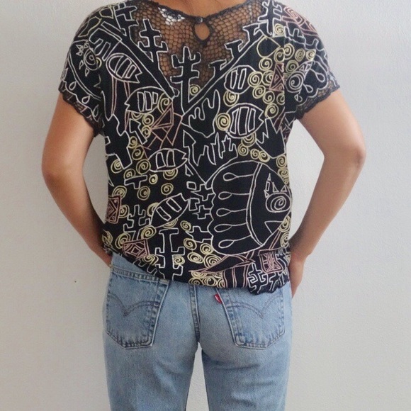 Vintage Boho Embroidered Geometric Blouse M Japan - Picture 6 of 6